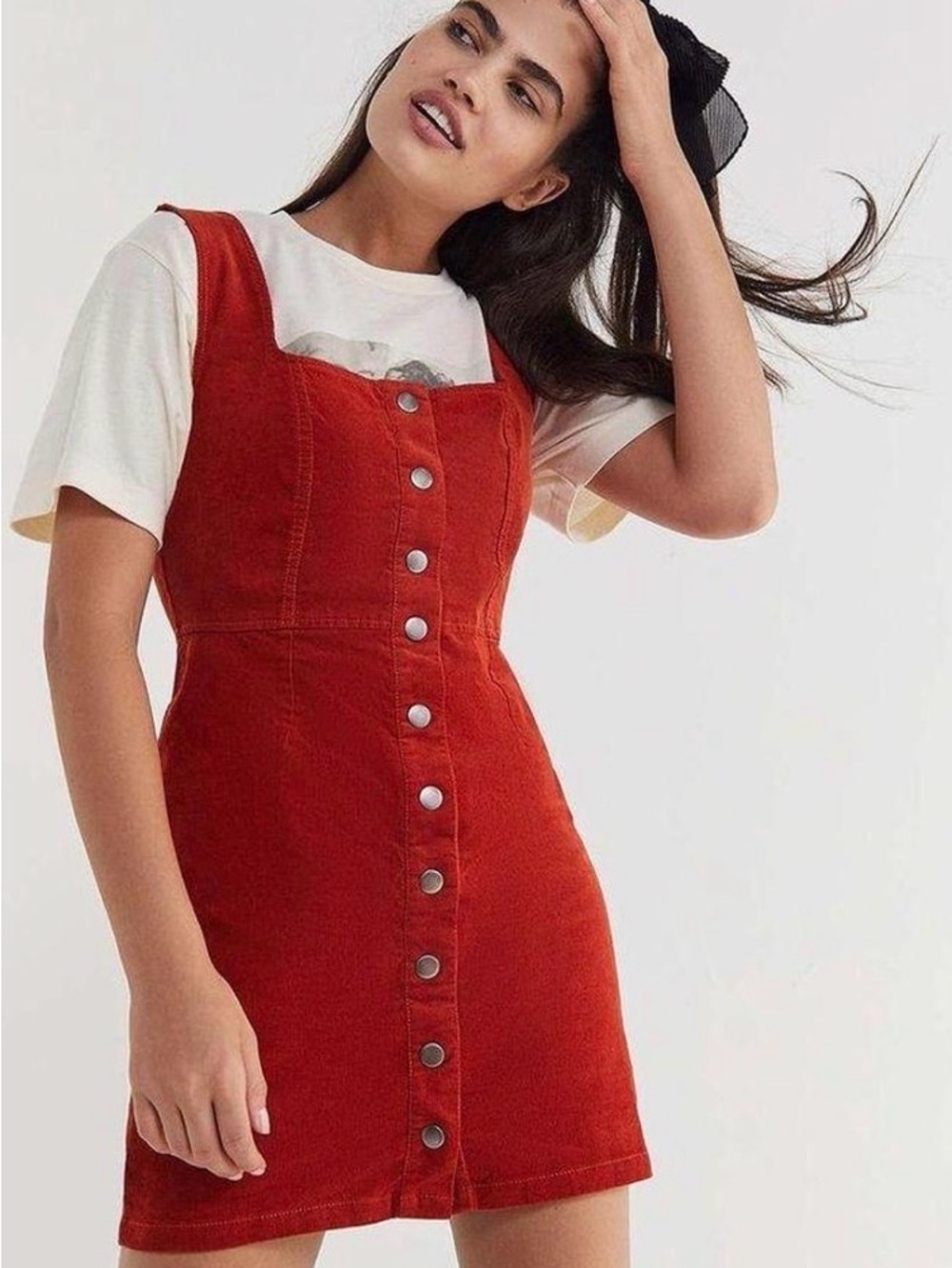 Urban Outfitters Womens Overall Dress US 10 Corduroy  Burnt Orange Pullover Snap